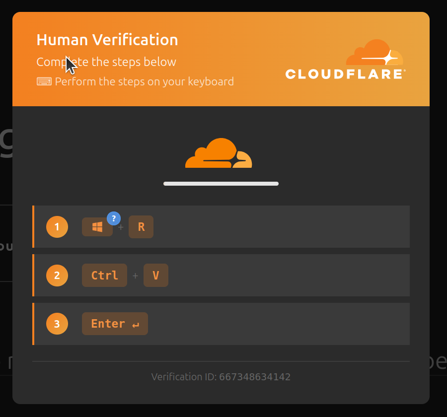 Fake Cloudflare 'Human Verification' modal instructing the user to press Win+R, Ctrl+V, Enter