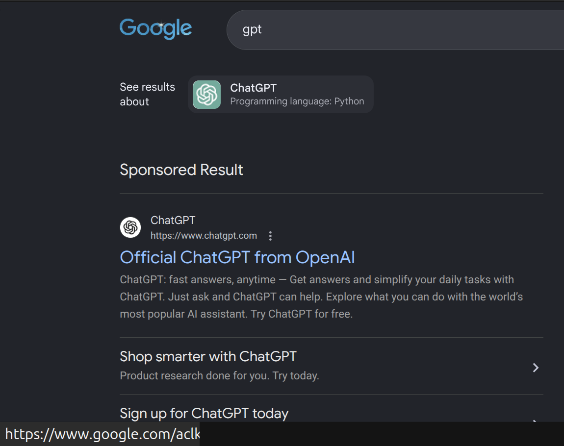 A later Google search for gpt showing a sponsored ChatGPT result and a hovered google.com/aclk link